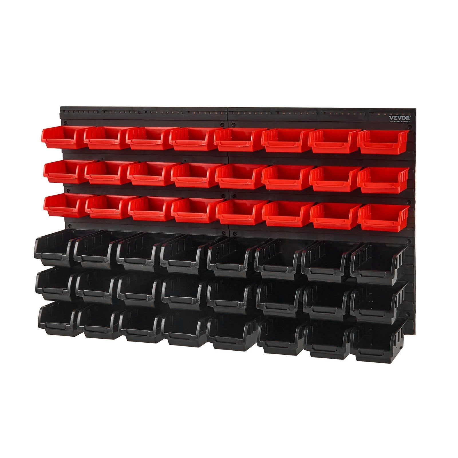 VEVOR Wall Mounted Storage Bins, 48-Bin Parts Rack Organizer Garage Plastic Shop Tool with Wall Panels, Tool Organizer for Nuts, Bolts, Screws, Nails, Beads, Buttons, Other Small Parts, Black and Red 