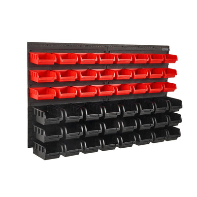 VEVOR Wall Mounted Storage Bins, 48-Bin Parts Rack Organizer Garage Plastic Shop Tool with Wall Panels, Tool Organizer for Nuts, Bolts, Screws, Nails, Beads, Buttons, Other Small Parts, Black and Red 