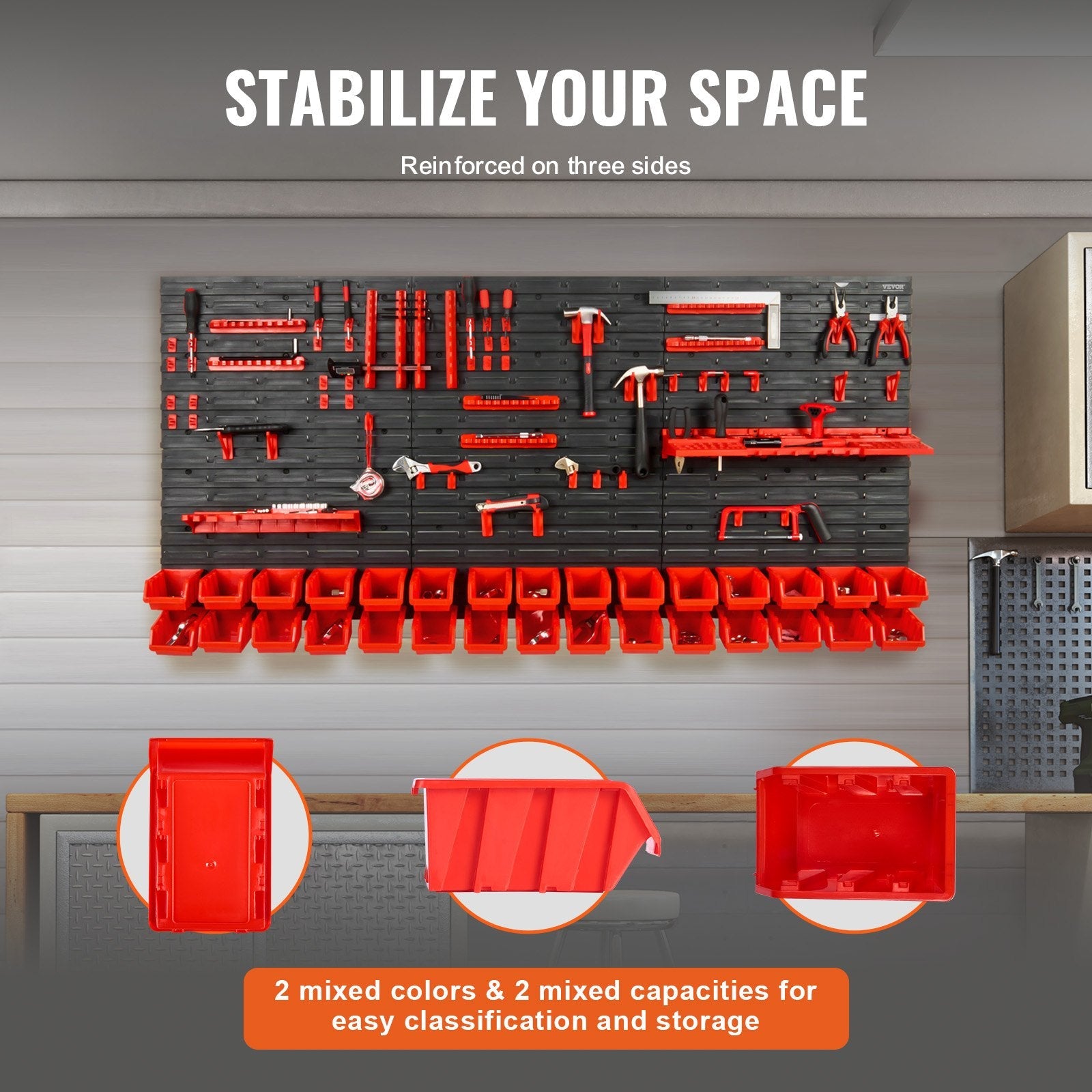 VEVOR Wall Mounted Storage Bins, 30-Bin Parts Rack Organizer Garage Plastic Shop Tool with Wall Panels/Tool Holders/Hooks, Tool Organizer for Nuts, Bolts, Screws, Nails, Beads, Buttons, Black and Red 
