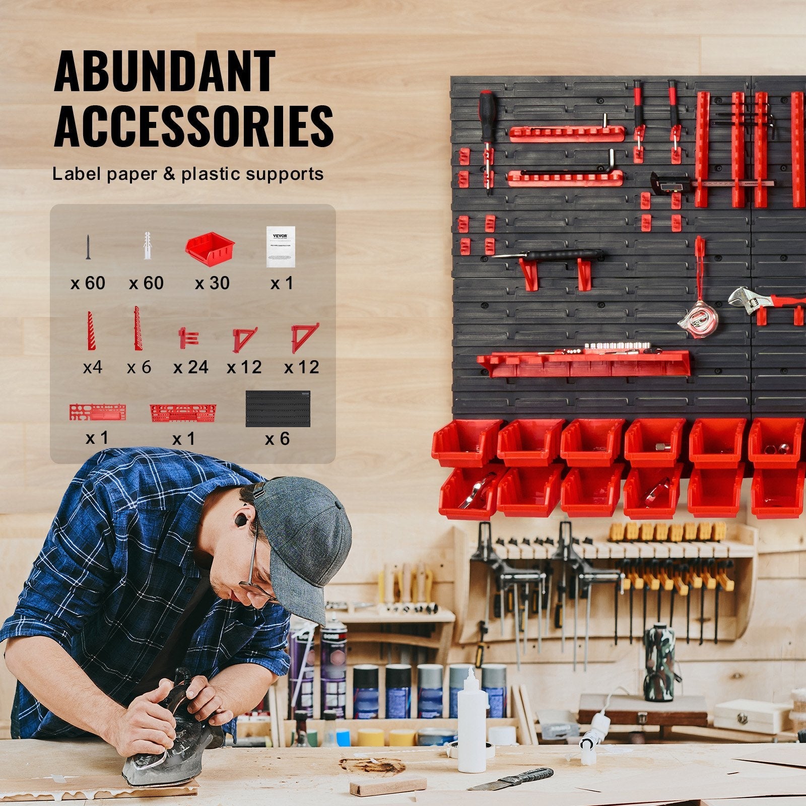 VEVOR Wall Mounted Storage Bins, 30-Bin Parts Rack Organizer Garage Plastic Shop Tool with Wall Panels/Tool Holders/Hooks, Tool Organizer for Nuts, Bolts, Screws, Nails, Beads, Buttons, Black and Red 