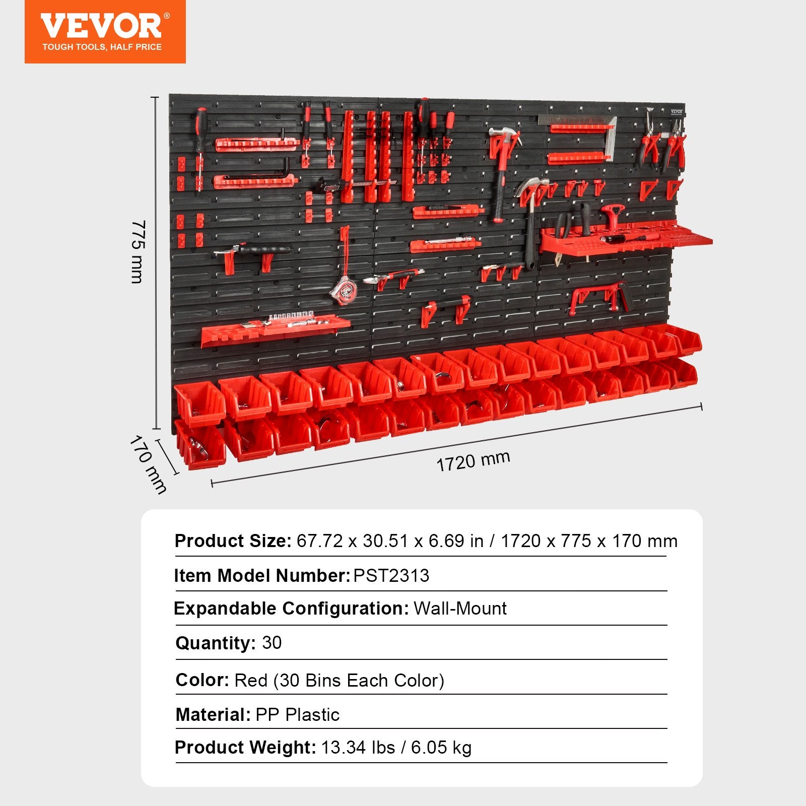 VEVOR Wall Mounted Storage Bins, 30-Bin Parts Rack Organizer Garage Plastic Shop Tool with Wall Panels/Tool Holders/Hooks, Tool Organizer for Nuts, Bolts, Screws, Nails, Beads, Buttons, Black and Red 