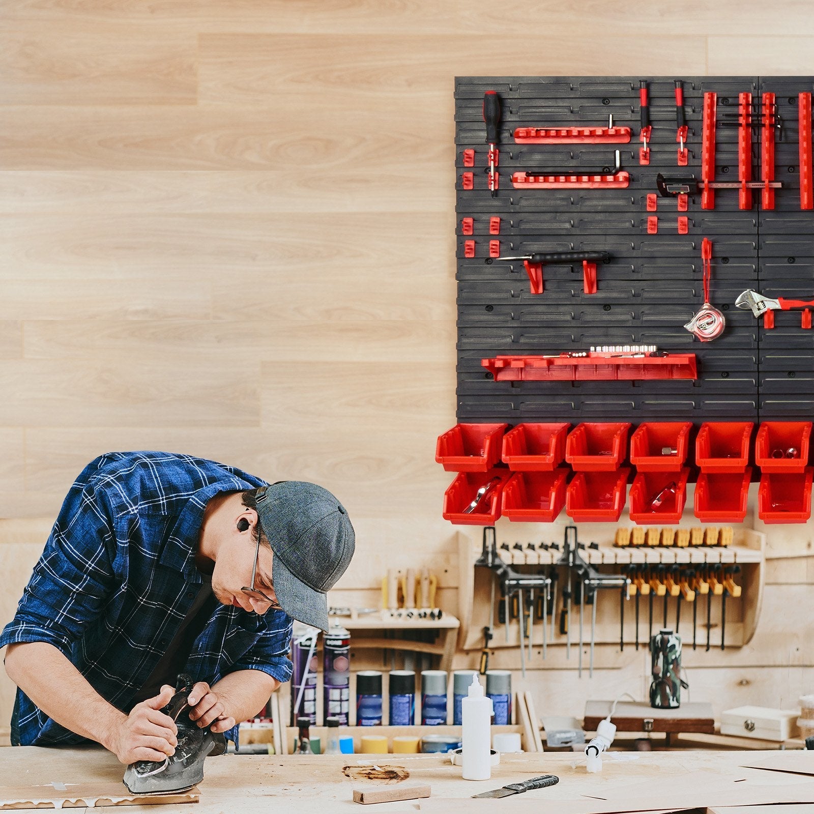 VEVOR Wall Mounted Storage Bins, 30-Bin Parts Rack Organizer Garage Plastic Shop Tool with Wall Panels/Tool Holders/Hooks, Tool Organizer for Nuts, Bolts, Screws, Nails, Beads, Buttons, Black and Red 