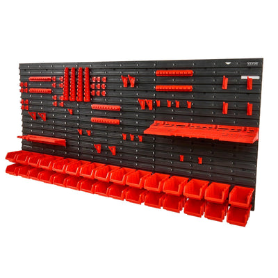 VEVOR Wall Mounted Storage Bins, 30-Bin Parts Rack Organizer Garage Plastic Shop Tool with Wall Panels/Tool Holders/Hooks, Tool Organizer for Nuts, Bolts, Screws, Nails, Beads, Buttons, Black and Red 