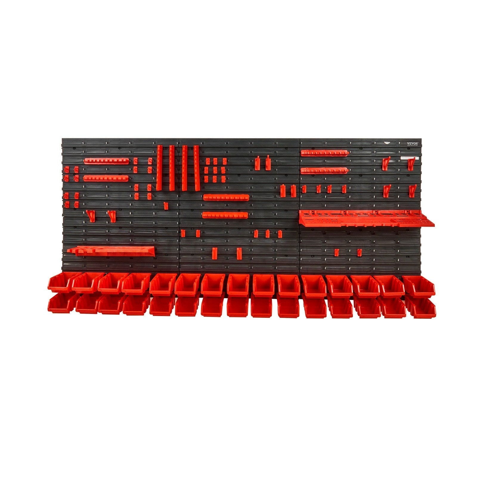 VEVOR Wall Mounted Storage Bins, 30-Bin Parts Rack Organizer Garage Plastic Shop Tool with Wall Panels/Tool Holders/Hooks, Tool Organizer for Nuts, Bolts, Screws, Nails, Beads, Buttons, Black and Red 
