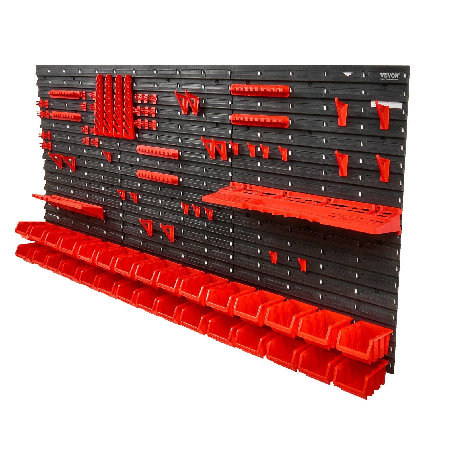VEVOR Wall Mounted Storage Bins, 30-Bin Parts Rack Organizer Garage Plastic Shop Tool with Wall Panels/Tool Holders/Hooks, Tool Organizer for Nuts, Bolts, Screws, Nails, Beads, Buttons, Black and Red 