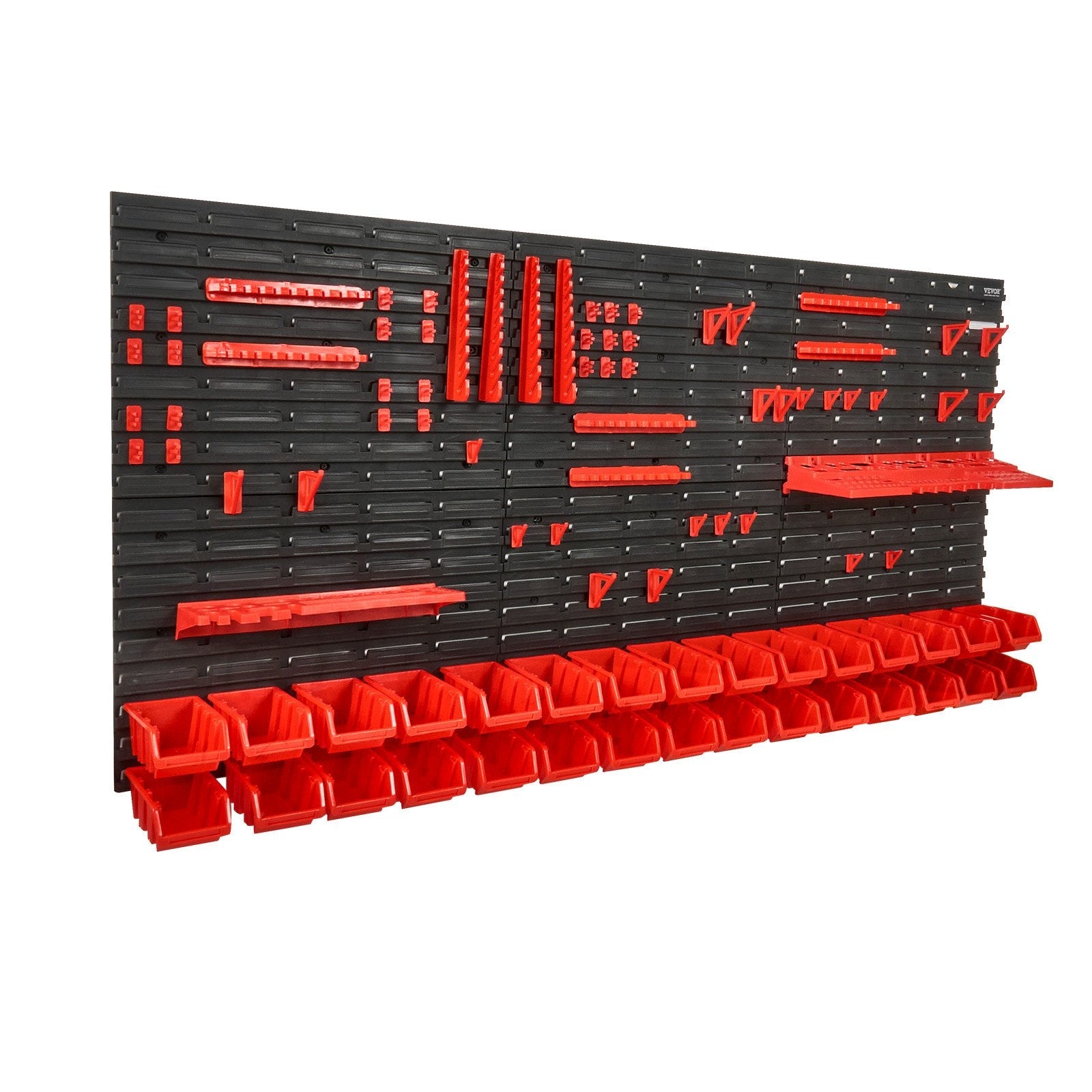 VEVOR Wall Mounted Storage Bins, 30-Bin Parts Rack Organizer Garage Plastic Shop Tool with Wall Panels/Tool Holders/Hooks, Tool Organizer for Nuts, Bolts, Screws, Nails, Beads, Buttons, Black and Red 