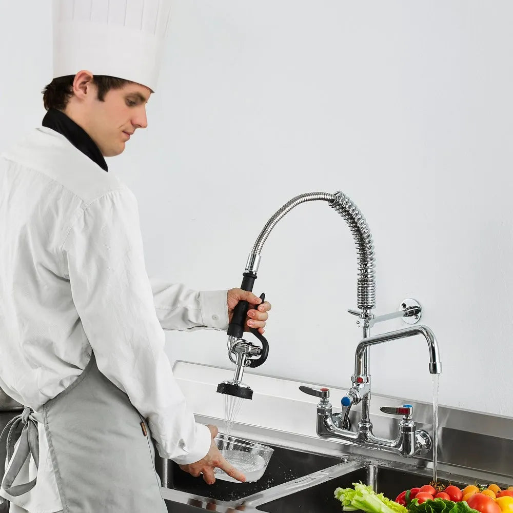 VEVOR Commercial Faucet with Pre-Rinse Sprayer, 21" Height, 8" Center, 12" Swing Spout, Wall Mount Kitchen Sink Faucet, Brass Constructed Device with Pull Down Spray, for 1/2/3 Compartment Sink