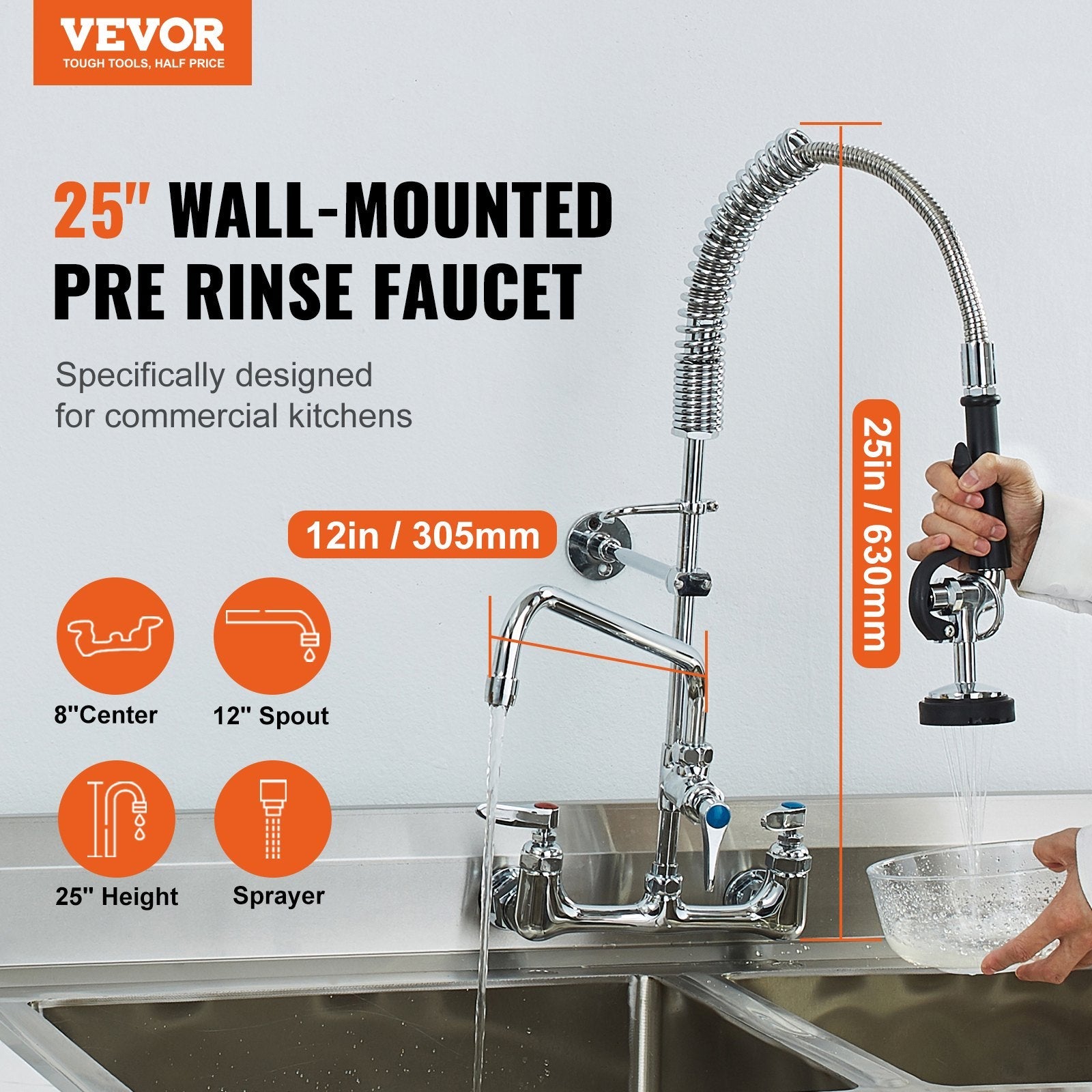 VEVOR Commercial Faucet with Pre-Rinse Sprayer, 25" Height, 8" Center, 12" Swing Spout, Wall Mount Kitchen Sink Faucet, Brass Constructed Device with Pull Down Spray, for 1/2/3 Compartment Sink 