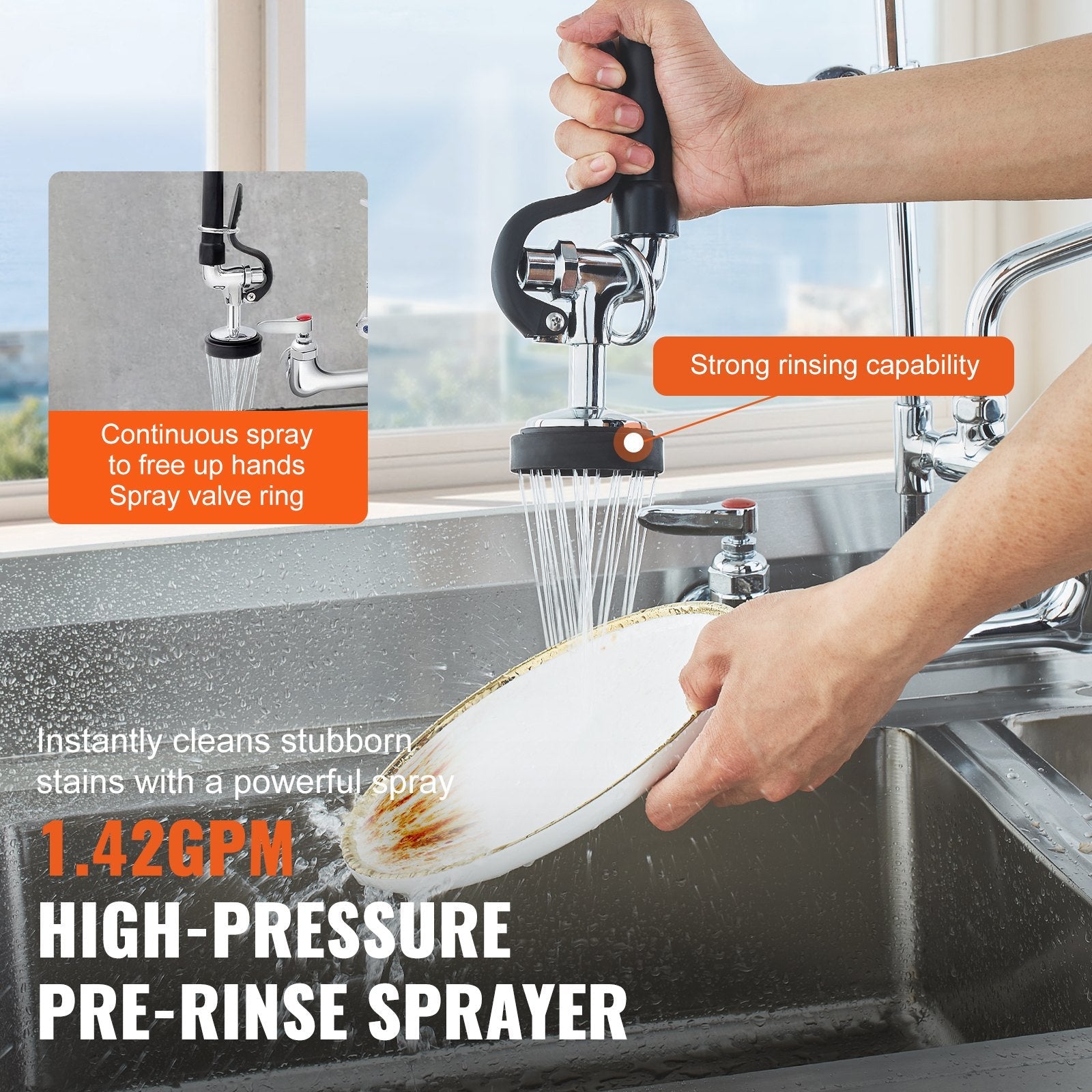 VEVOR Commercial Faucet with Pre-Rinse Sprayer, 25" Height, 8" Center, 12" Swing Spout, Wall Mount Kitchen Sink Faucet, Brass Constructed Device with Pull Down Spray, for 1/2/3 Compartment Sink 
