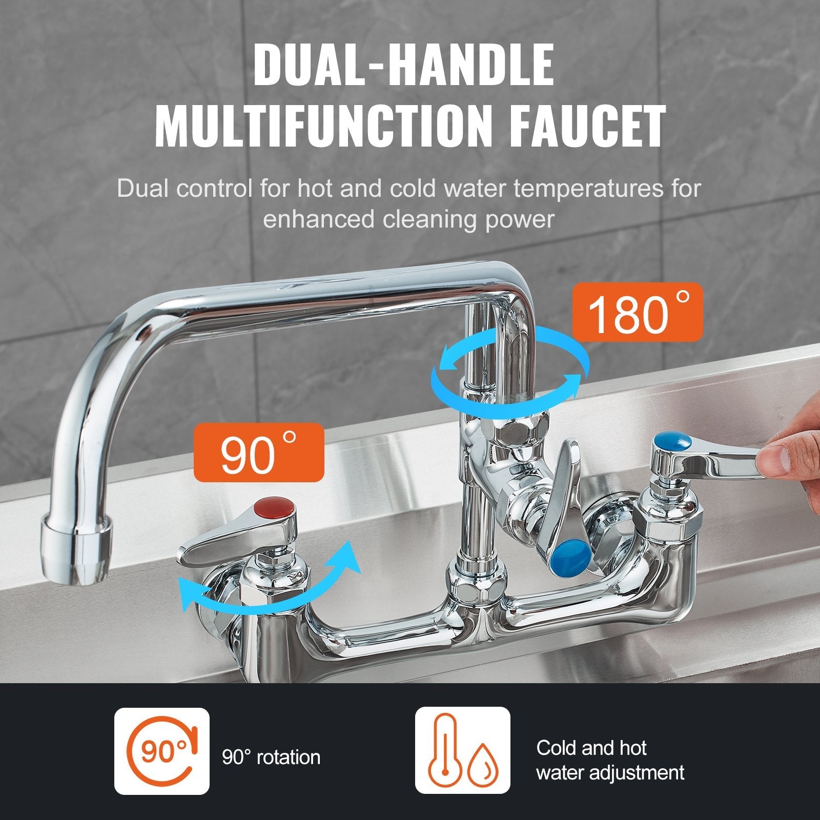 VEVOR Commercial Faucet with Pre-Rinse Sprayer, 25" Height, 8" Center, 12" Swing Spout, Wall Mount Kitchen Sink Faucet, Brass Constructed Device with Pull Down Spray, for 1/2/3 Compartment Sink 