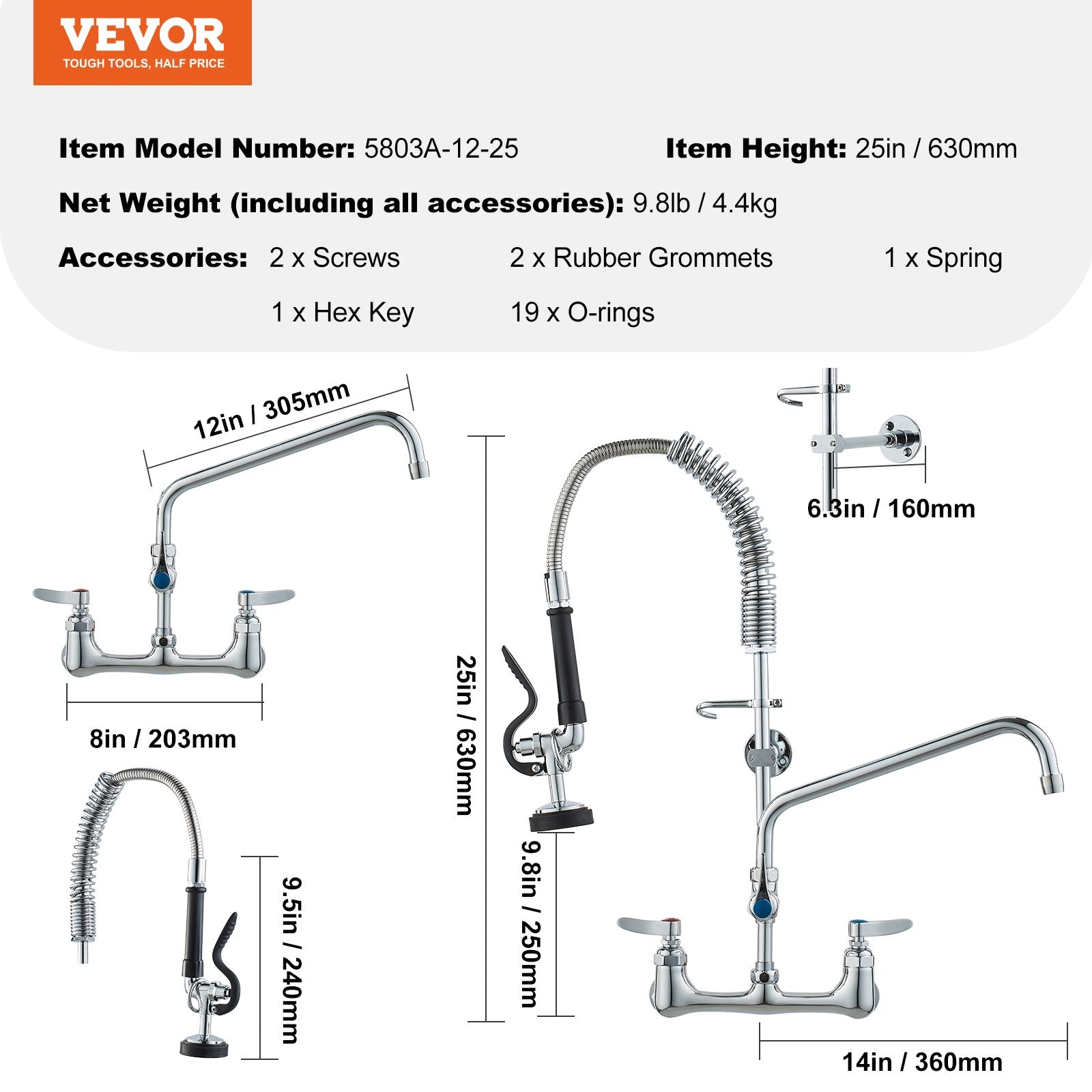 VEVOR Commercial Faucet with Pre-Rinse Sprayer, 25" Height, 8" Center, 12" Swing Spout, Wall Mount Kitchen Sink Faucet, Brass Constructed Device with Pull Down Spray, for 1/2/3 Compartment Sink 