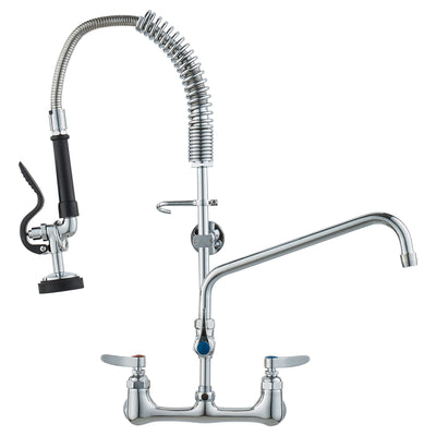 VEVOR Commercial Faucet with Pre-Rinse Sprayer, 25" Height, 8" Center, 12" Swing Spout, Wall Mount Kitchen Sink Faucet, Brass Constructed Device with Pull Down Spray, for 1/2/3 Compartment Sink 