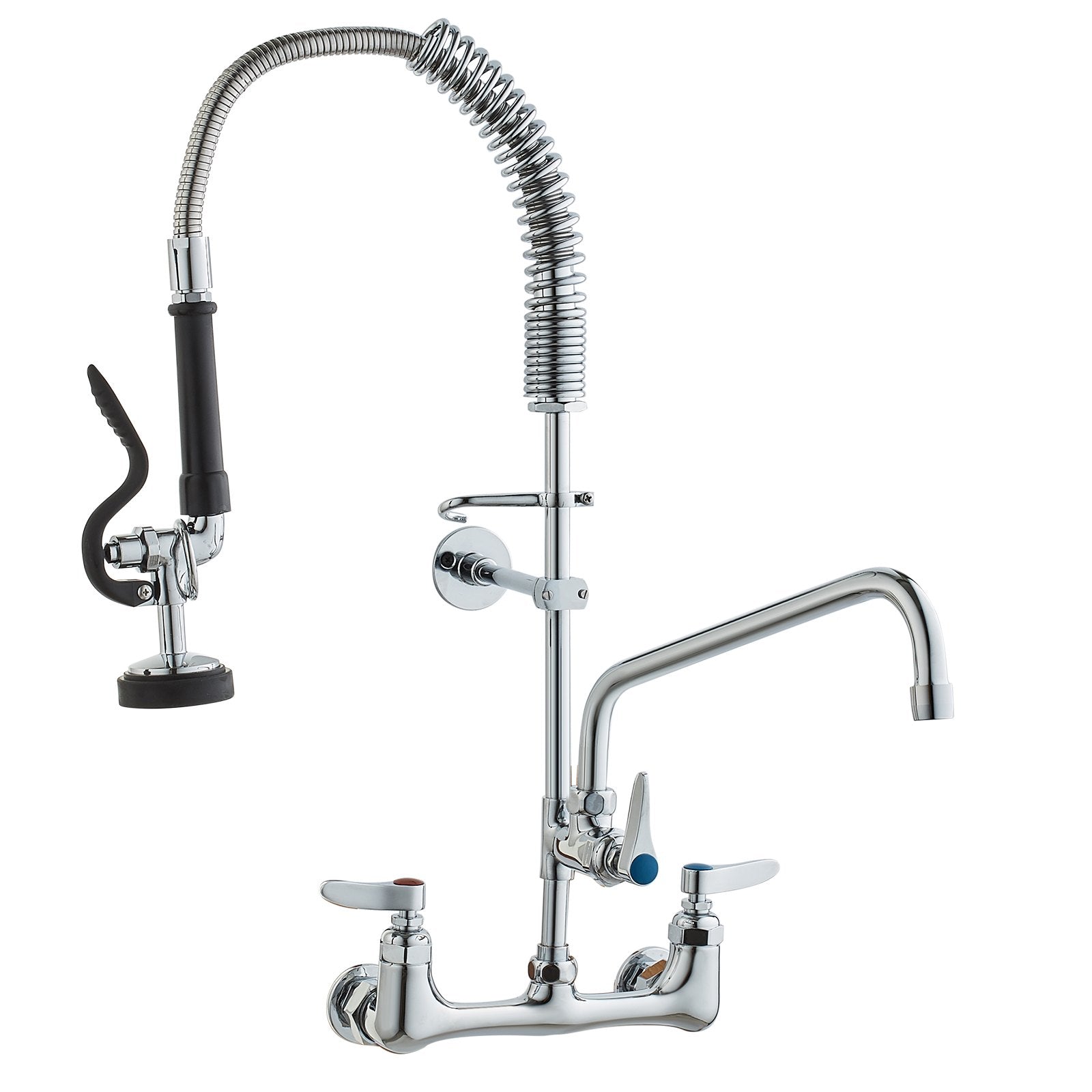 VEVOR Commercial Faucet with Pre-Rinse Sprayer, 25" Height, 8" Center, 12" Swing Spout, Wall Mount Kitchen Sink Faucet, Brass Constructed Device with Pull Down Spray, for 1/2/3 Compartment Sink 
