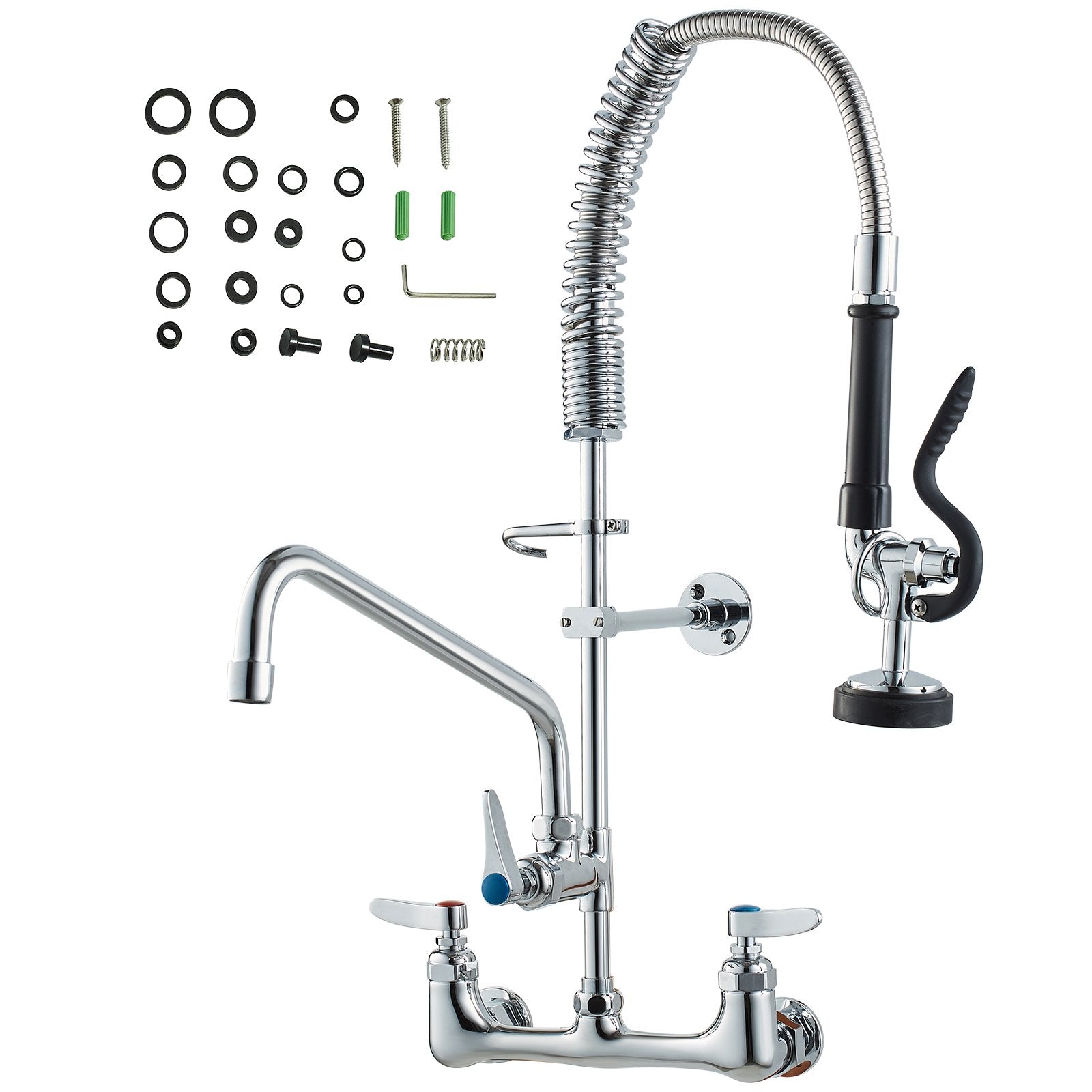 VEVOR Commercial Faucet with Pre-Rinse Sprayer, 25" Height, 8" Center, 12" Swing Spout, Wall Mount Kitchen Sink Faucet, Brass Constructed Device with Pull Down Spray, for 1/2/3 Compartment Sink 