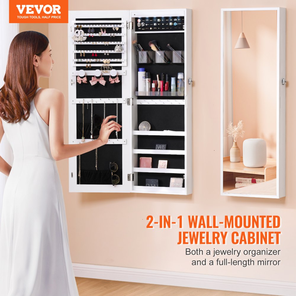 VEVOR Mirror Jewelry Cabinet 42.52in Lockable Wall or Door Mounted Armoire White 