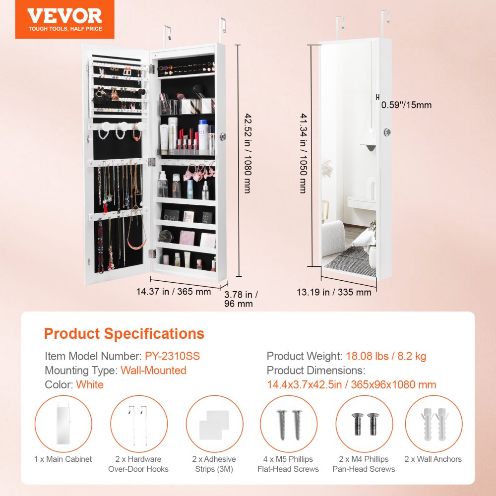 VEVOR Mirror Jewelry Cabinet 42.52in Lockable Wall or Door Mounted Armoire White 