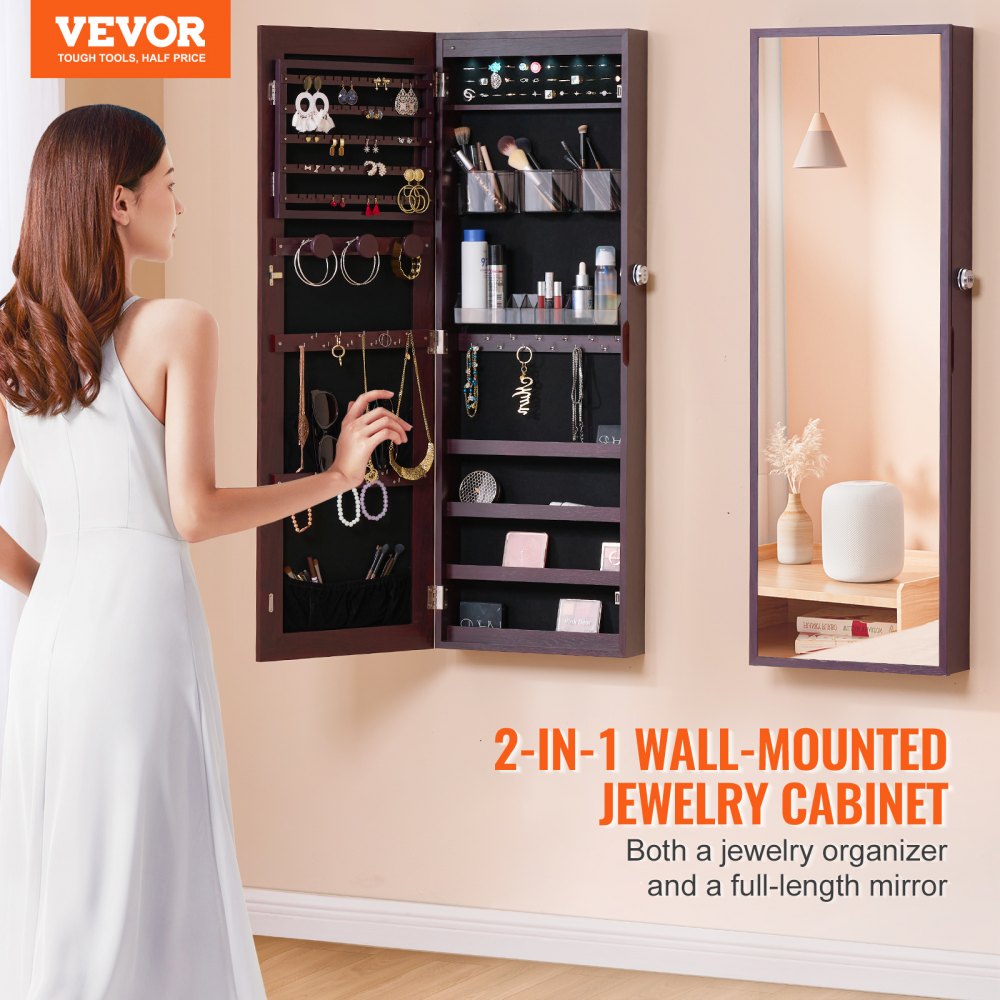 VEVOR Mirror Jewelry Cabinet 42.52in Lockable Wall or Door Mounted Armoire Brown 