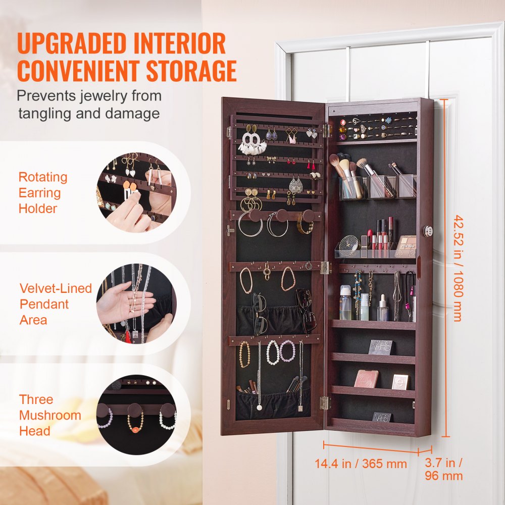VEVOR Mirror Jewelry Cabinet 42.52in Lockable Wall or Door Mounted Armoire Brown 