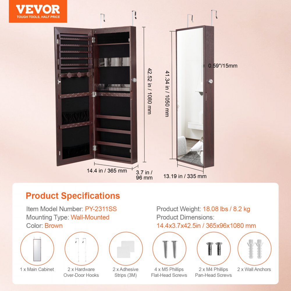 VEVOR Mirror Jewelry Cabinet 42.52in Lockable Wall or Door Mounted Armoire Brown 