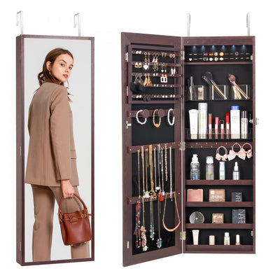 VEVOR Mirror Jewelry Cabinet 42.52in Lockable Wall or Door Mounted Armoire Brown 
