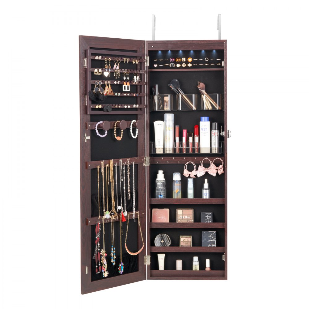 VEVOR Mirror Jewelry Cabinet 42.52in Lockable Wall or Door Mounted Armoire Brown 
