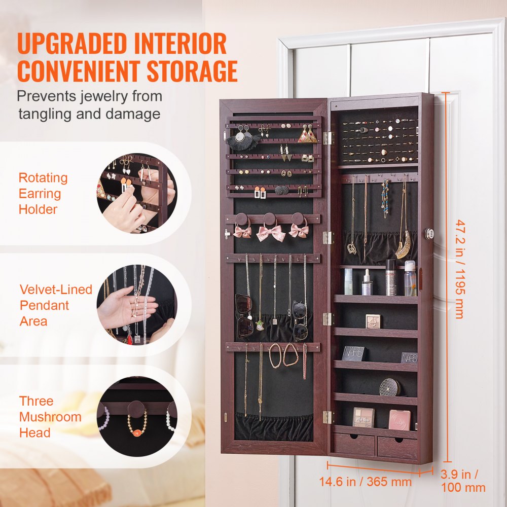 VEVOR Mirror Jewelry Cabinet 47.05in Lockable Wall or Door Mounted Armoire Brown 