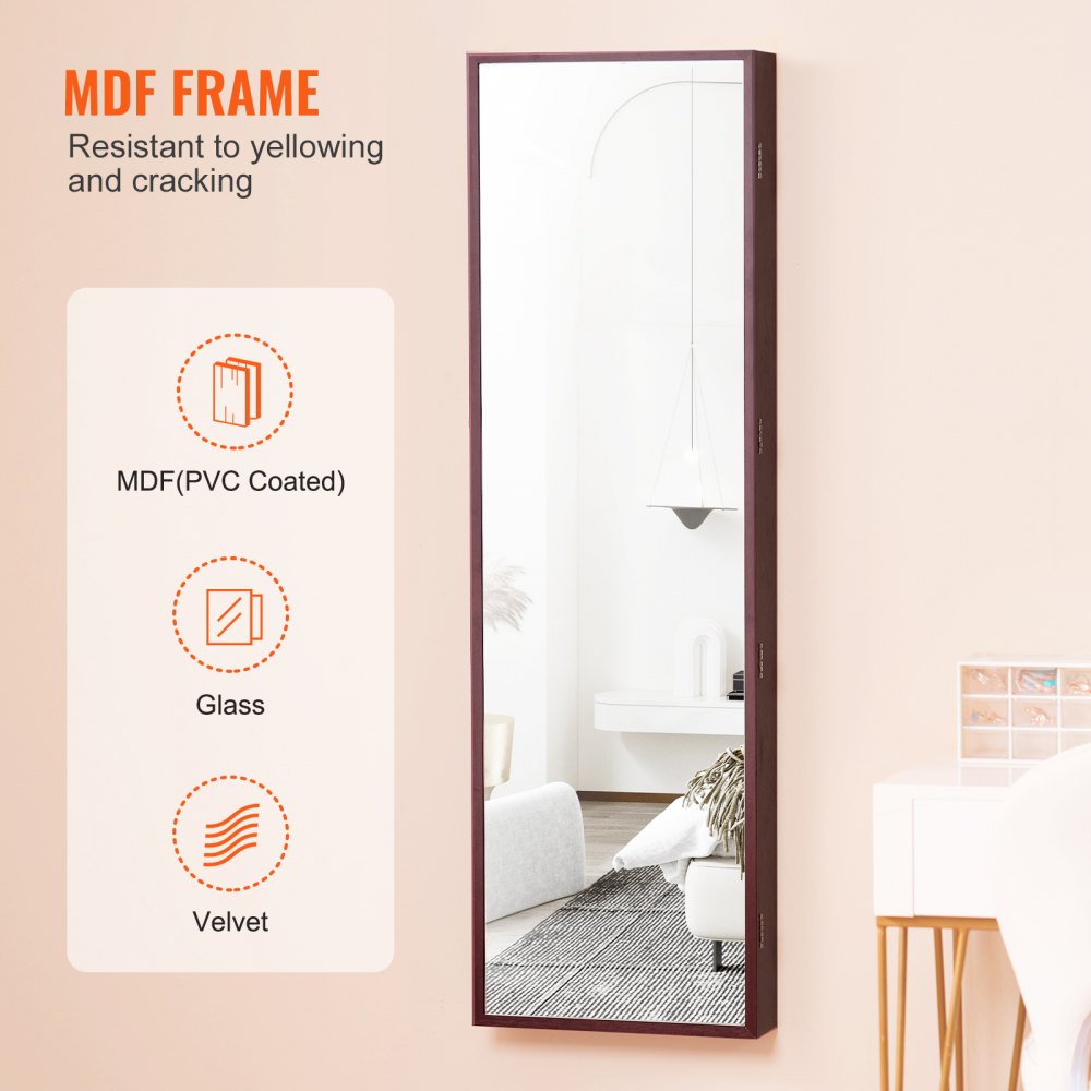 VEVOR Mirror Jewelry Cabinet 47.05in Lockable Wall or Door Mounted Armoire Brown 