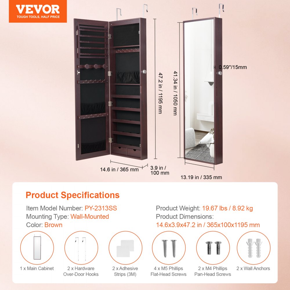 VEVOR Mirror Jewelry Cabinet 47.05in Lockable Wall or Door Mounted Armoire Brown 