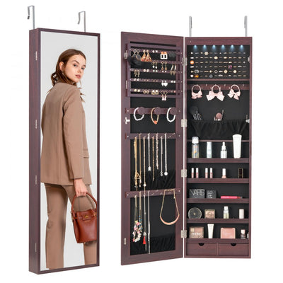 VEVOR Mirror Jewelry Cabinet 47.05in Lockable Wall or Door Mounted Armoire Brown 
