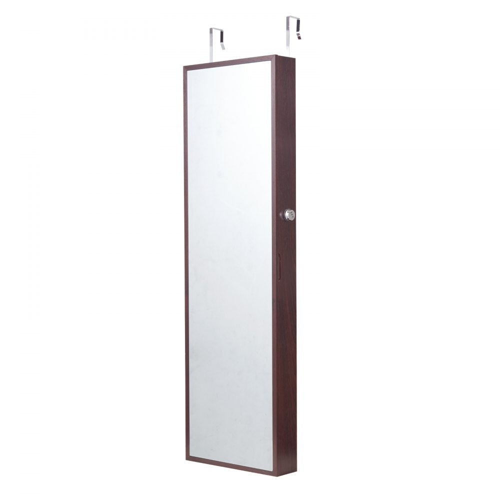 VEVOR Mirror Jewelry Cabinet 47.05in Lockable Wall or Door Mounted Armoire Brown 