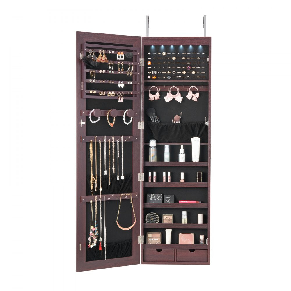 VEVOR Mirror Jewelry Cabinet 47.05in Lockable Wall or Door Mounted Armoire Brown 