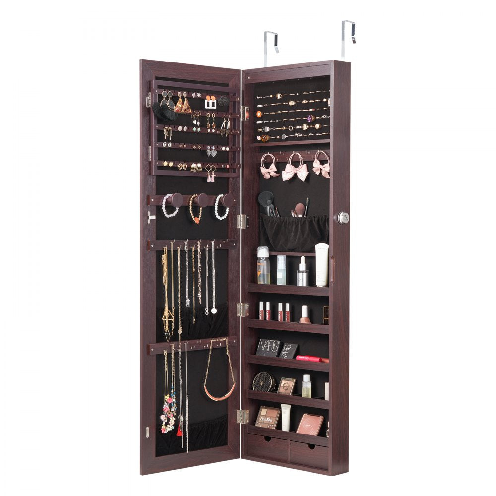 VEVOR Mirror Jewelry Cabinet 47.05in Lockable Wall or Door Mounted Armoire Brown 