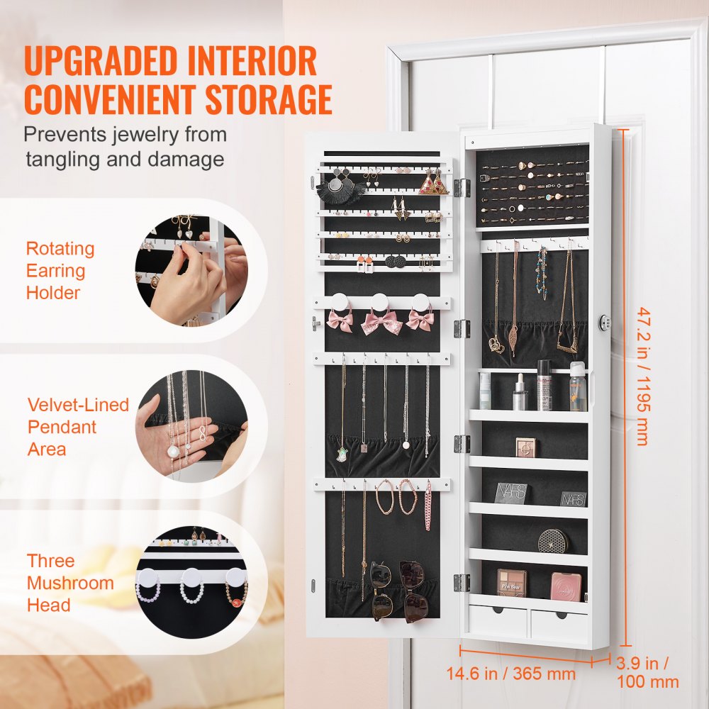 VEVOR Mirror Jewelry Cabinet 47.05in Lockable Wall or Door Mounted Armoire White 