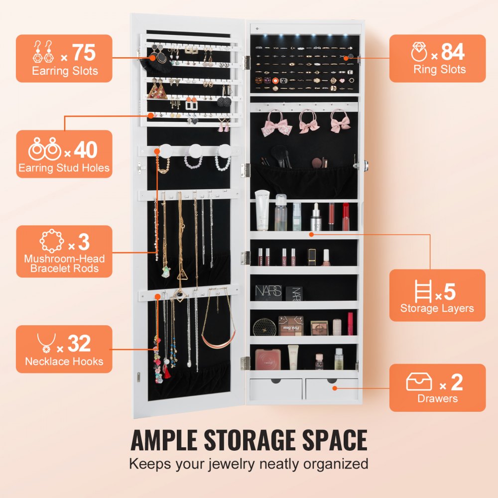 VEVOR Mirror Jewelry Cabinet 47.05in Lockable Wall or Door Mounted Armoire White 