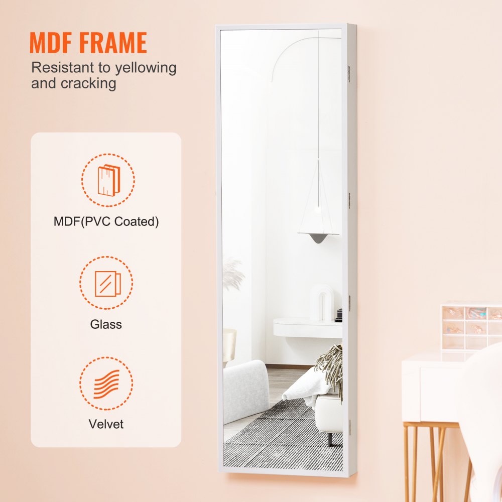 VEVOR Mirror Jewelry Cabinet 47.05in Lockable Wall or Door Mounted Armoire White 