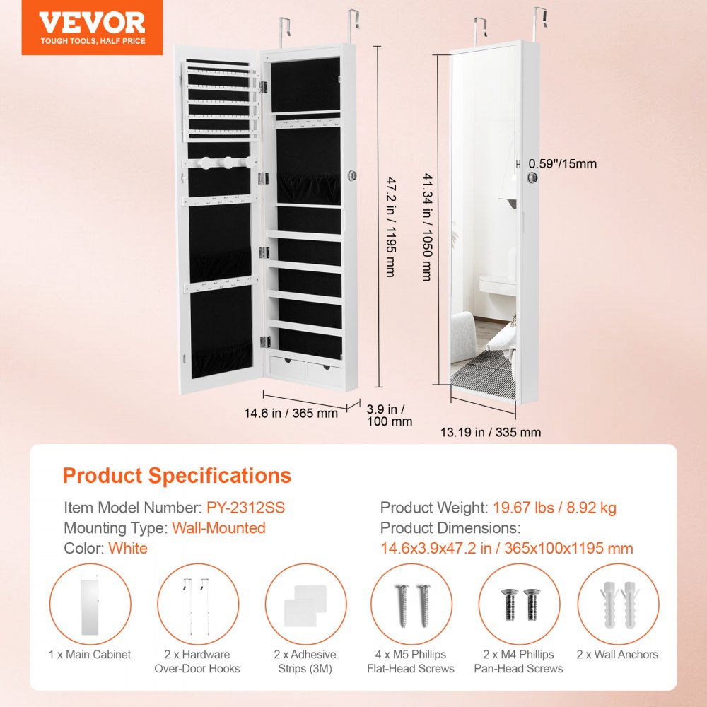 VEVOR Mirror Jewelry Cabinet 47.05in Lockable Wall or Door Mounted Armoire White 