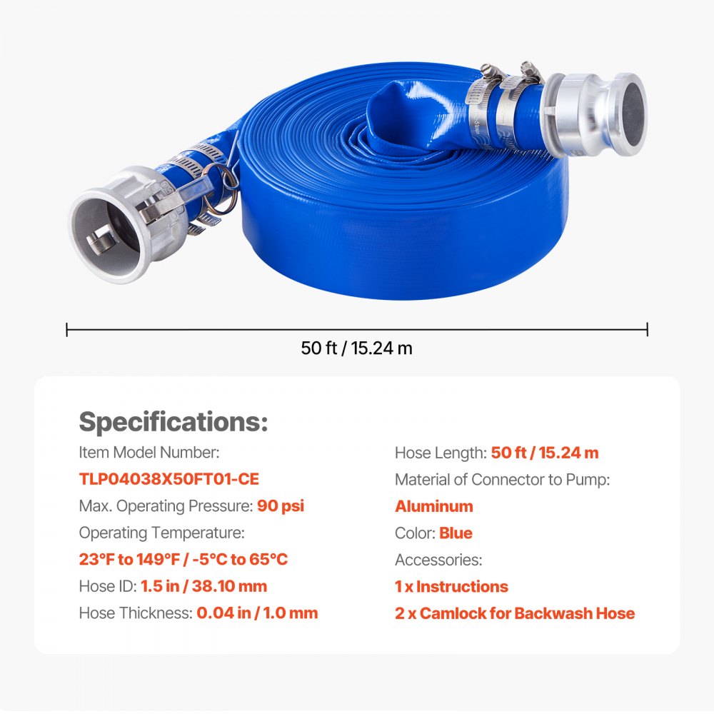 Backwash Hose 1.5 in x 50 ft Blue High Quality Hose Complete Fittings 