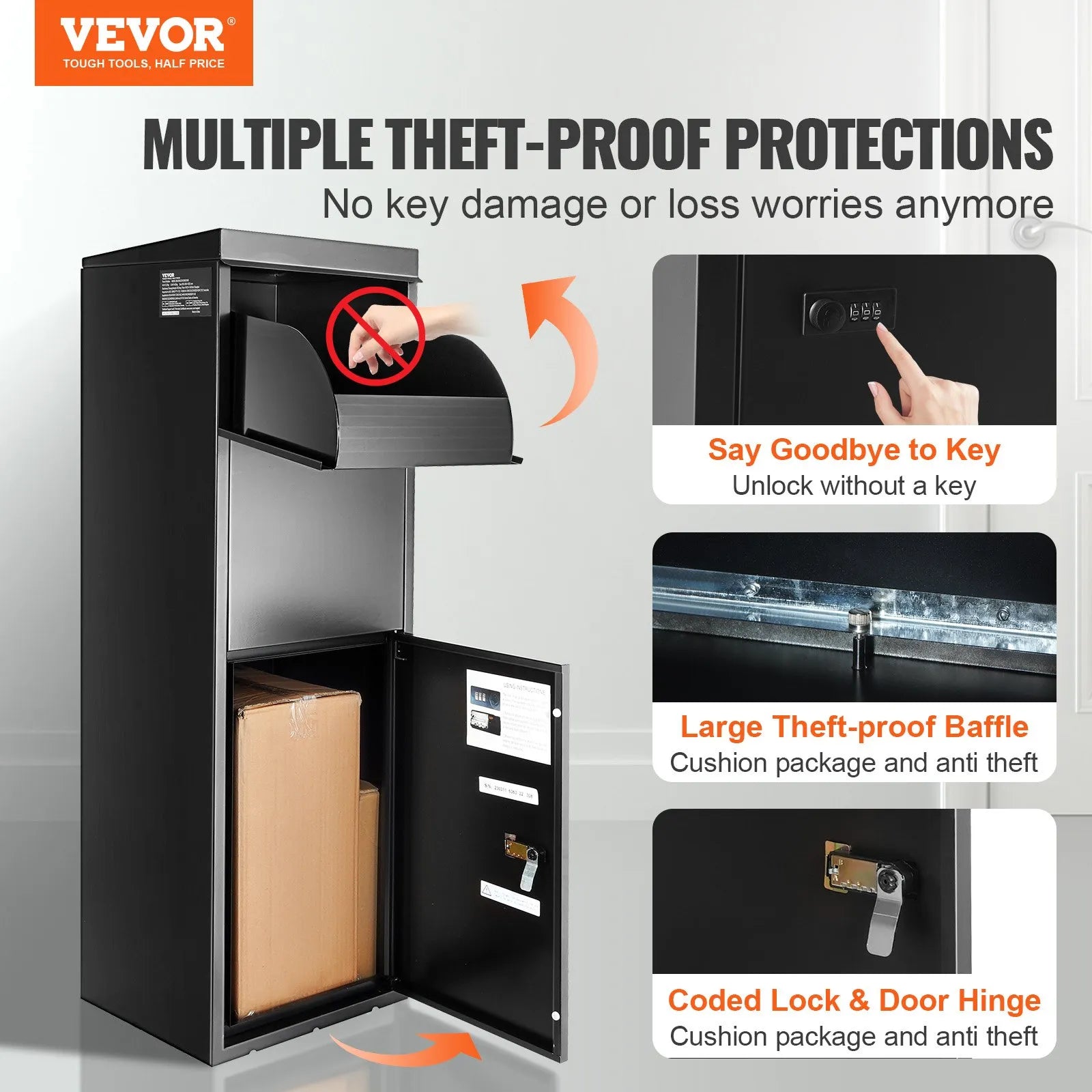 VEVOR Package Delivery Boxes for Outside 13.9"x11.6"x42", Galvanized Steel Delivery Box for Packages With Coded Lock, Anti-theft Baffle, IPX3 Waterproof Package Drop Box for Outside, Porch, Curbside
