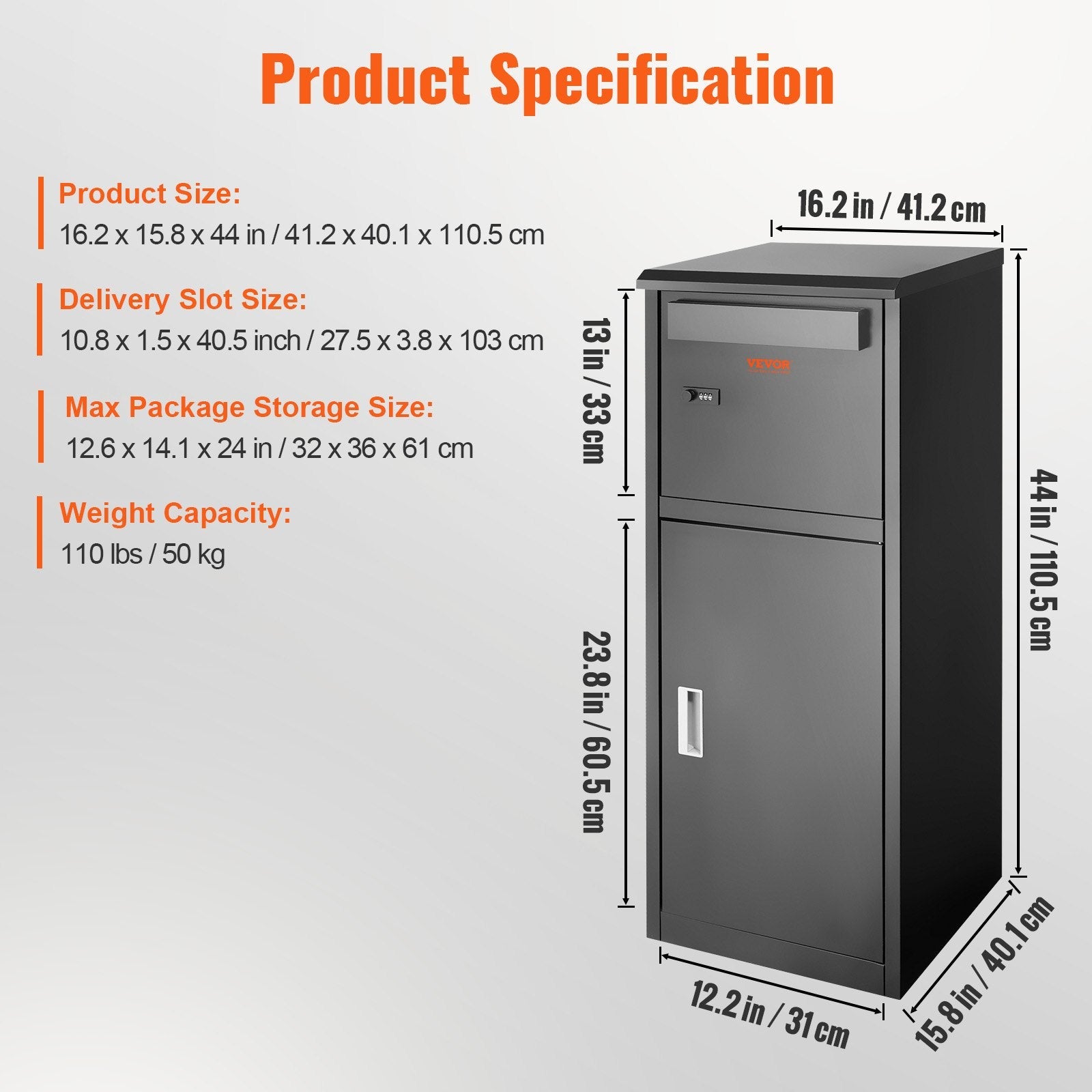 VEVOR Package Delivery Boxes for Outside 16.2"x15.8"x44", Galvanized Steel Delivery Box for Packages With Coded Lock, Removable Anti-theft Baffle, IPX3 Waterproof Package Drop Box for Outside, Porch 
