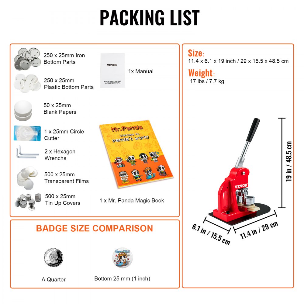 VEVOR Button Maker Machine, 25mm (1 inch) Badge Punch Press Kit, Children DIY Gifts Pin Maker, Button Making Supplies with 500pcs Button Parts & Circle Cutter & Magic Book 