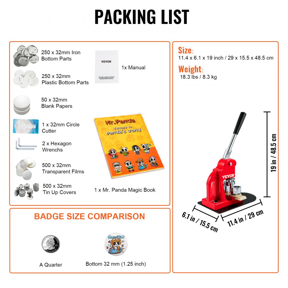 VEVOR Button Maker Machine, 32 mm (1.25 inch) Badge Punch Press Kit, Children DIY Gifts Pin Maker, Button Making Supplies with 500pcs Button Parts & Circle Cutter & Magic Book 