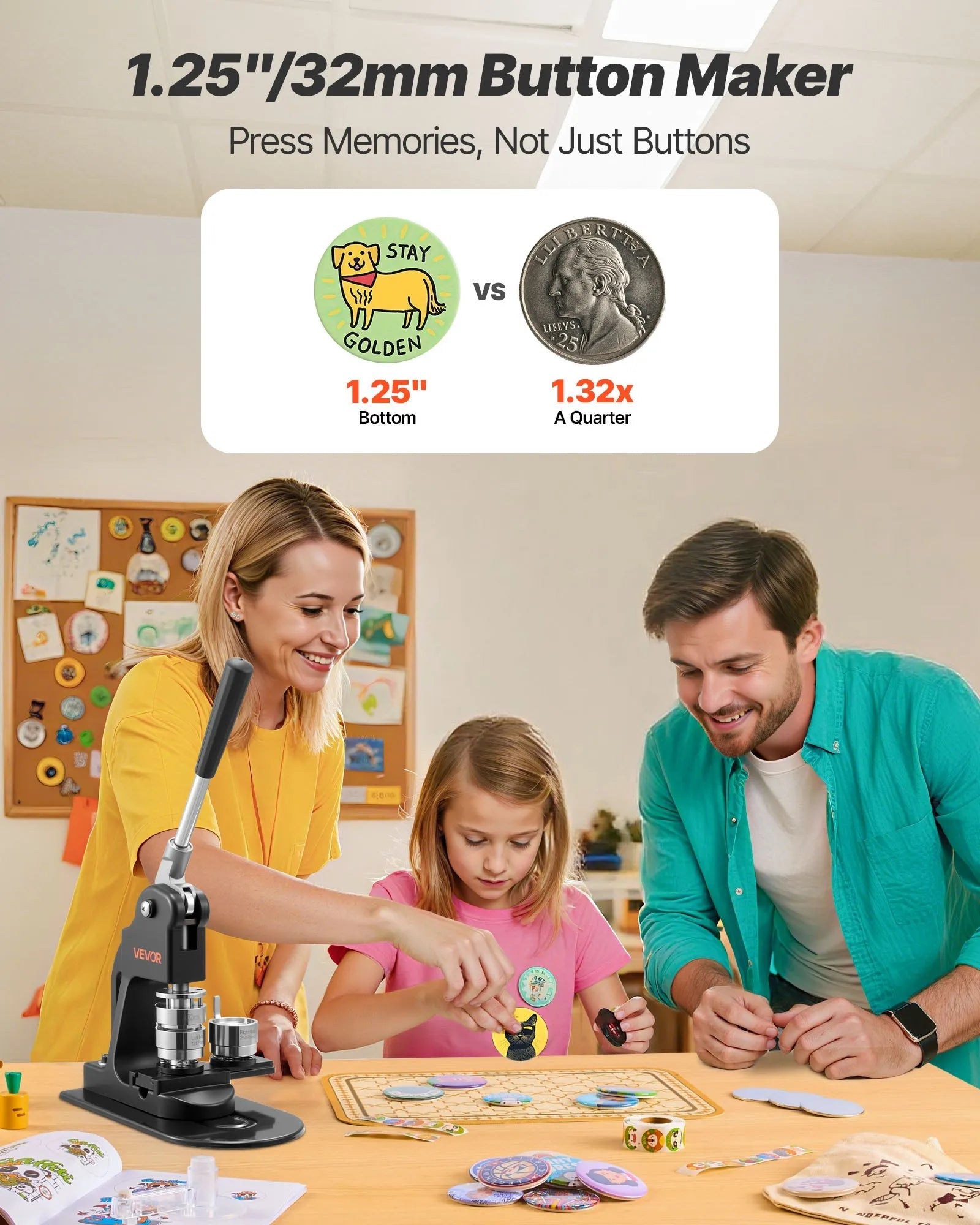 VEVOR Button Maker Machine, 1.25 in, Pin Maker Machine with 500pcs Button Parts, Circle Cutter, Hex Wrenches and Magic Book, Ergonomic Handle, for DIY Badges, Personalized Pins and Key Chains, Black 