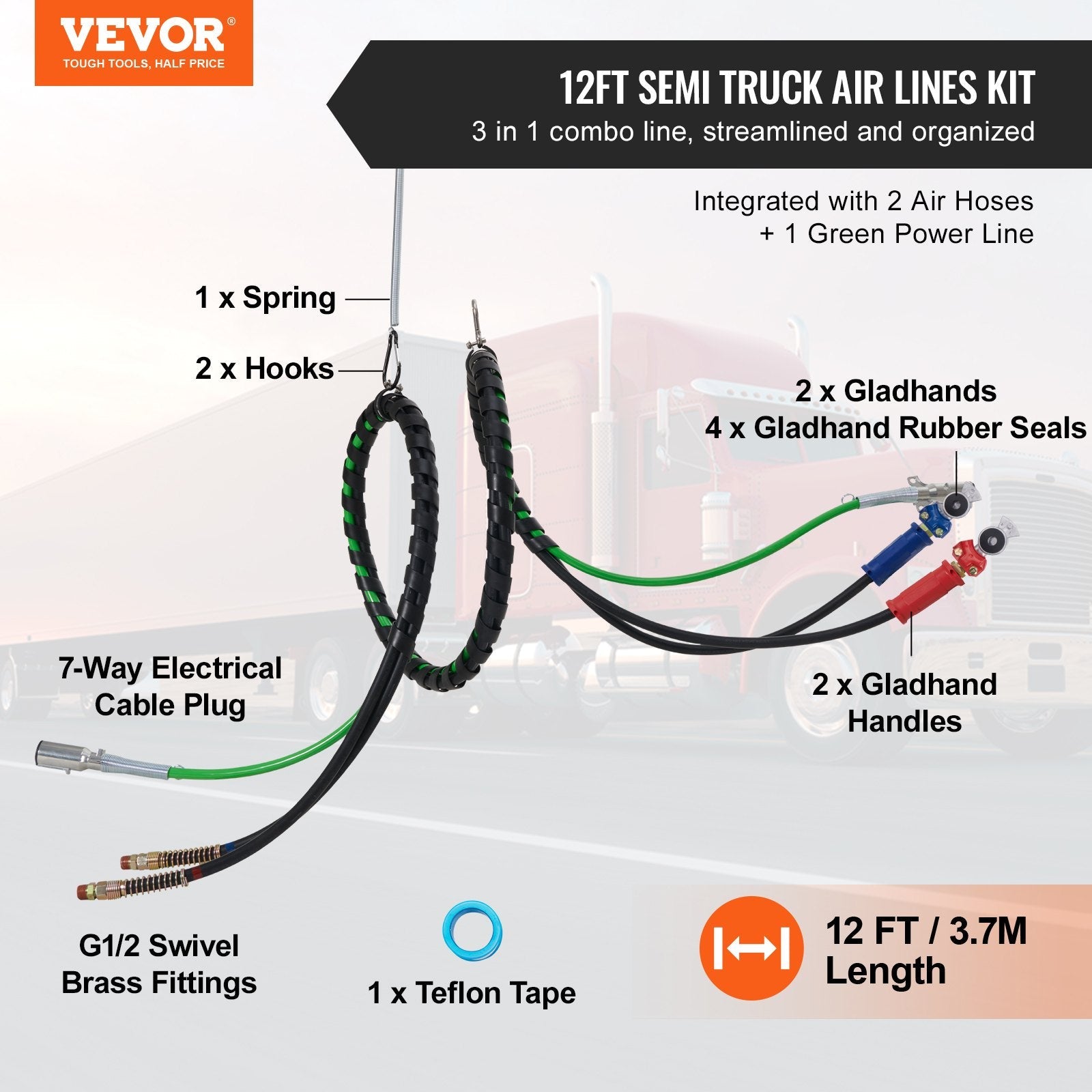 VEVOR 15FT Semi Truck Air Lines Kit with 2PCS Glad Hands, 3-in-1 Air Hoses & 7 Way ABS Electric Power Line, with 2PCS Gladhand Handles, 4PCS Seals and Tender Spring Kit for Semi Truck Trailer Tractor 