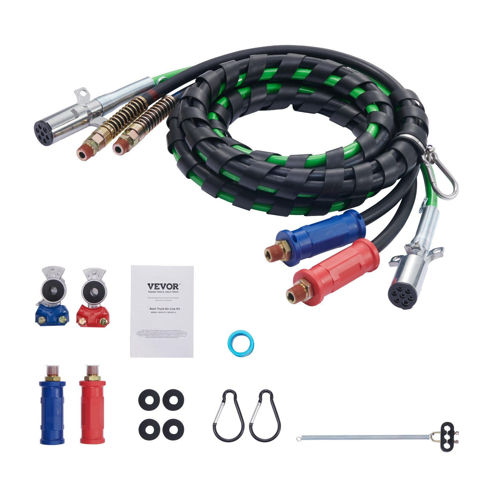 VEVOR 15FT Semi Truck Air Lines Kit with 2PCS Glad Hands, 3-in-1 Air Hoses & 7 Way ABS Electric Power Line, with 2PCS Gladhand Handles, 4PCS Seals and Tender Spring Kit for Semi Truck Trailer Tractor 
