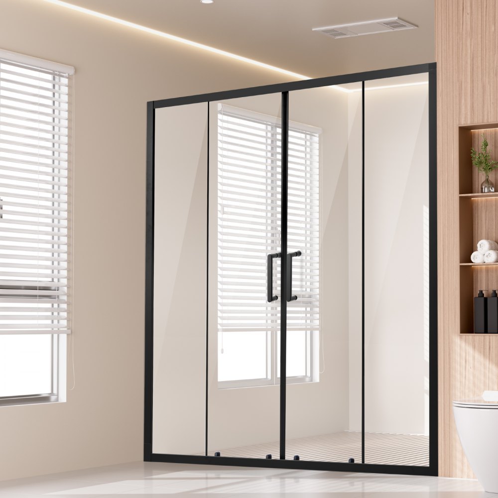 Semi-Frameless Sliding Shower Door 57.8–59" W x 70" H, 6mm Clear Tempered Glass, Matte Black Stainless Steel Hardware
