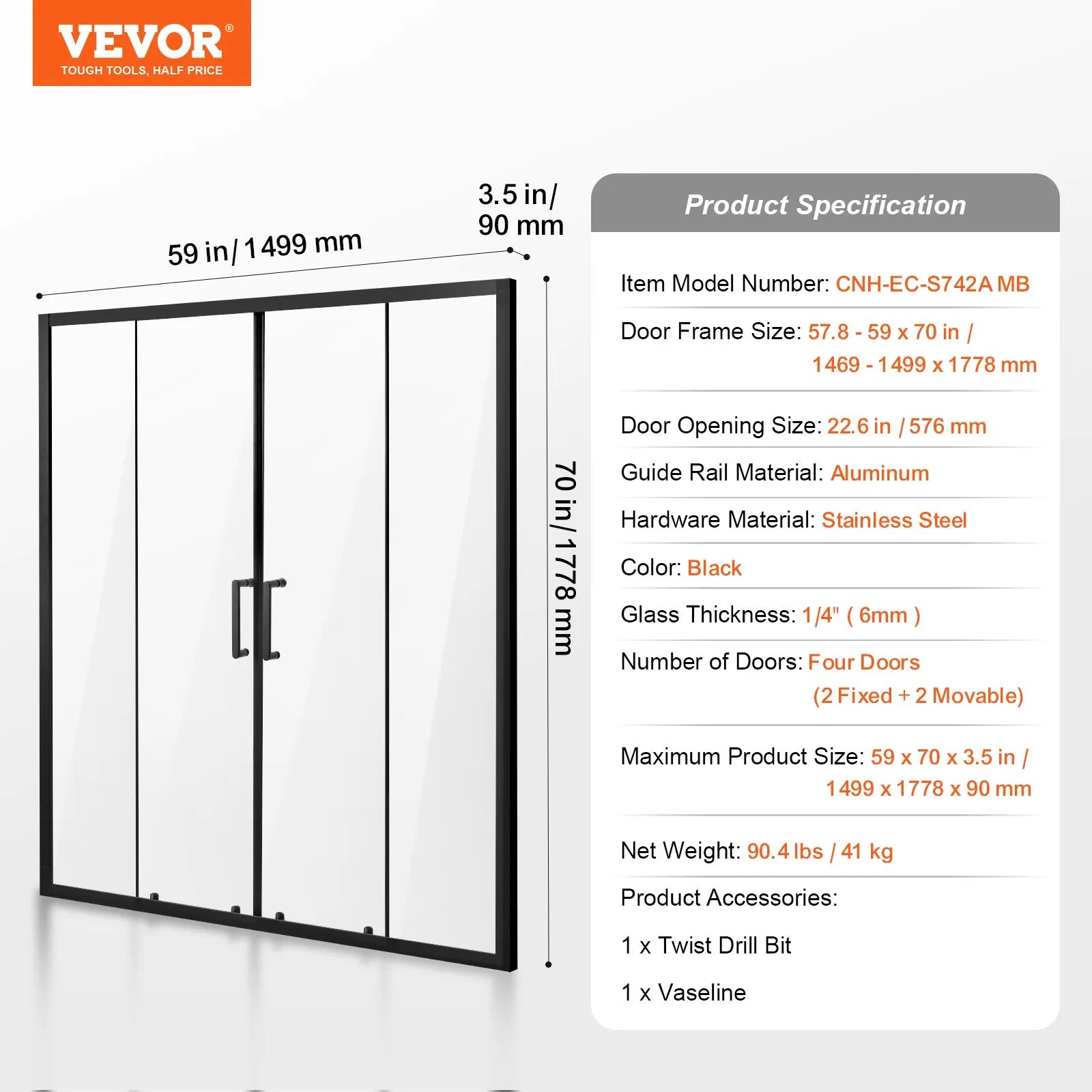 Semi-Frameless Sliding Shower Door 57.8–59" W x 70" H, 6mm Clear Tempered Glass, Matte Black Stainless Steel Hardware