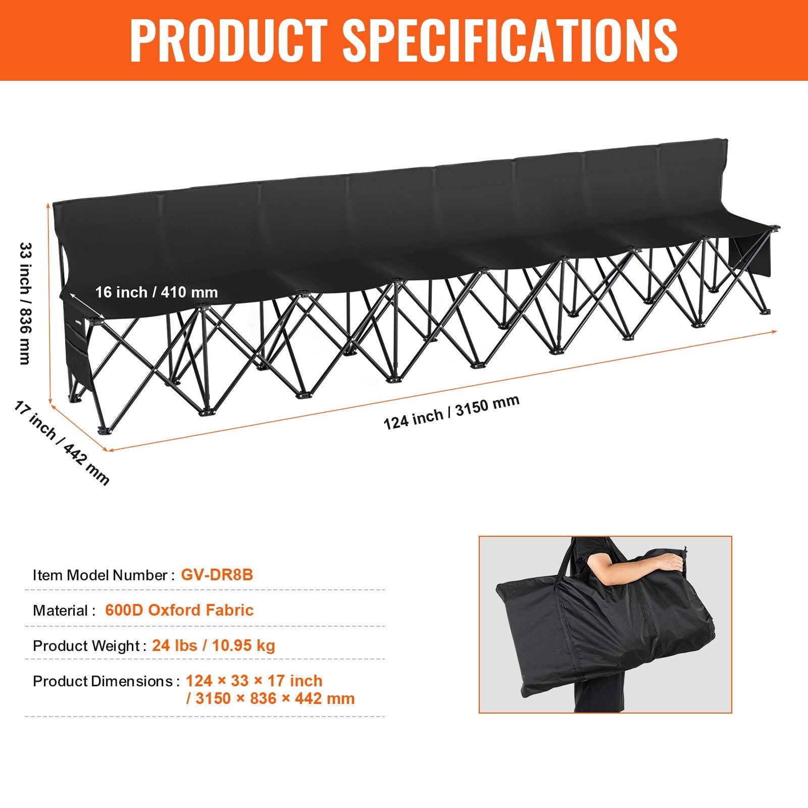 VEVOR 8 Seat Portable Folding Sport Bench Outdoor Camping Chair with Carry Bag 