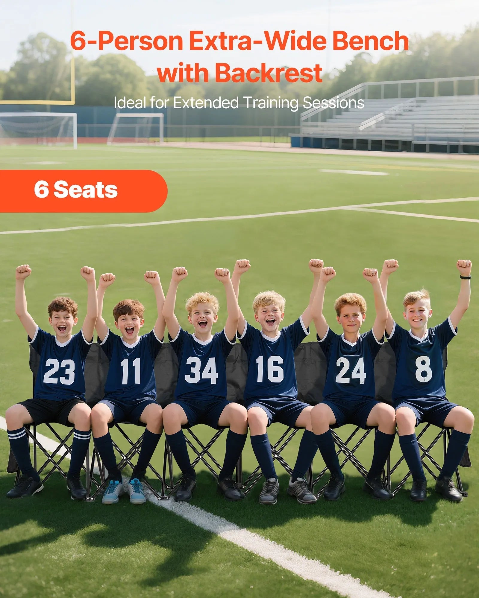 VEVOR Portable Folding Bench, 6 Seat Soccer Bench with Multiple Storage Pockets & Carrying Bag, Lightweight Sideline Seating with Back Rest for Football, Baseball, Camping, Outdoor Events, Black 