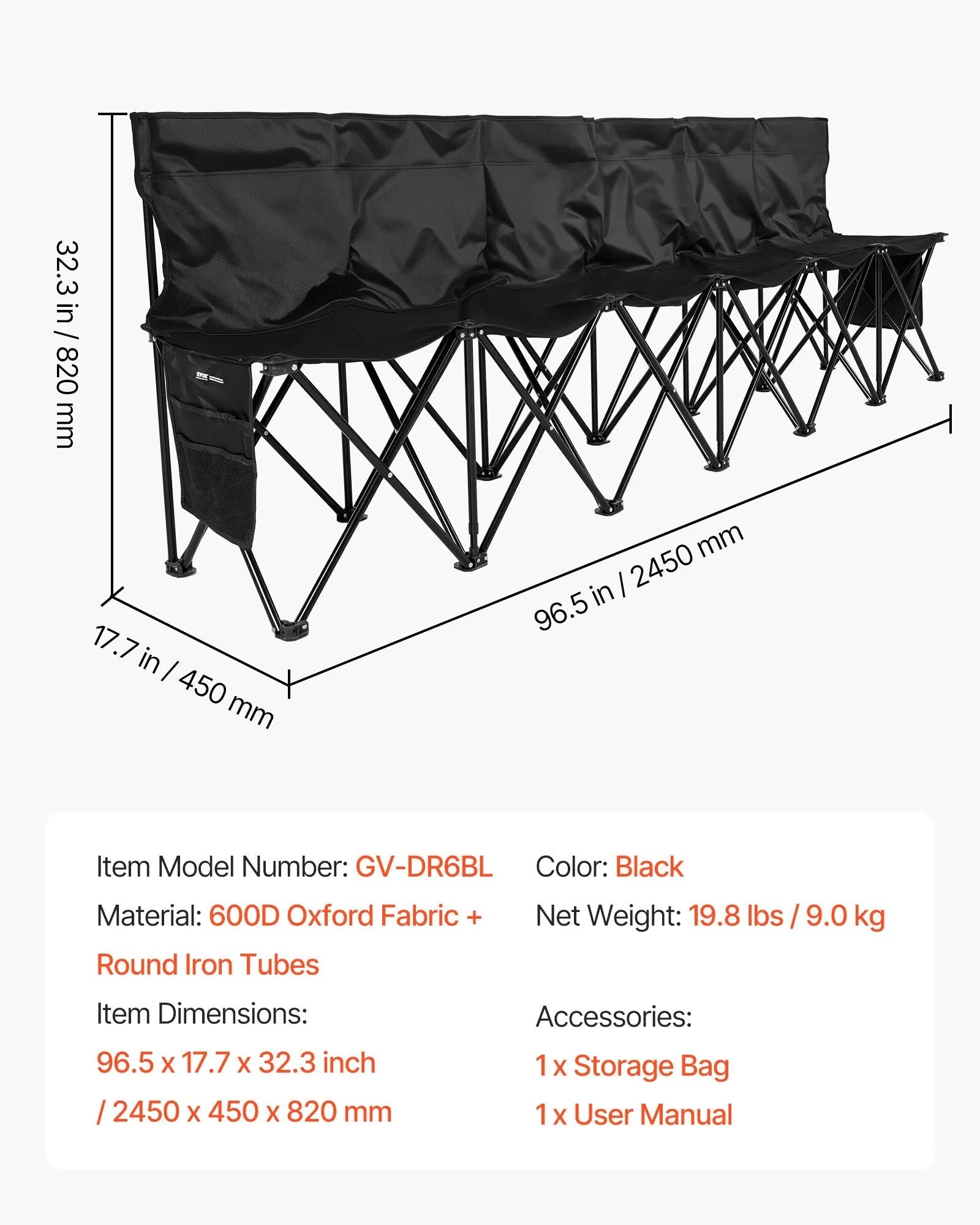 VEVOR Portable Folding Bench, 6 Seat Soccer Bench with Multiple Storage Pockets & Carrying Bag, Lightweight Sideline Seating with Back Rest for Football, Baseball, Camping, Outdoor Events, Black 
