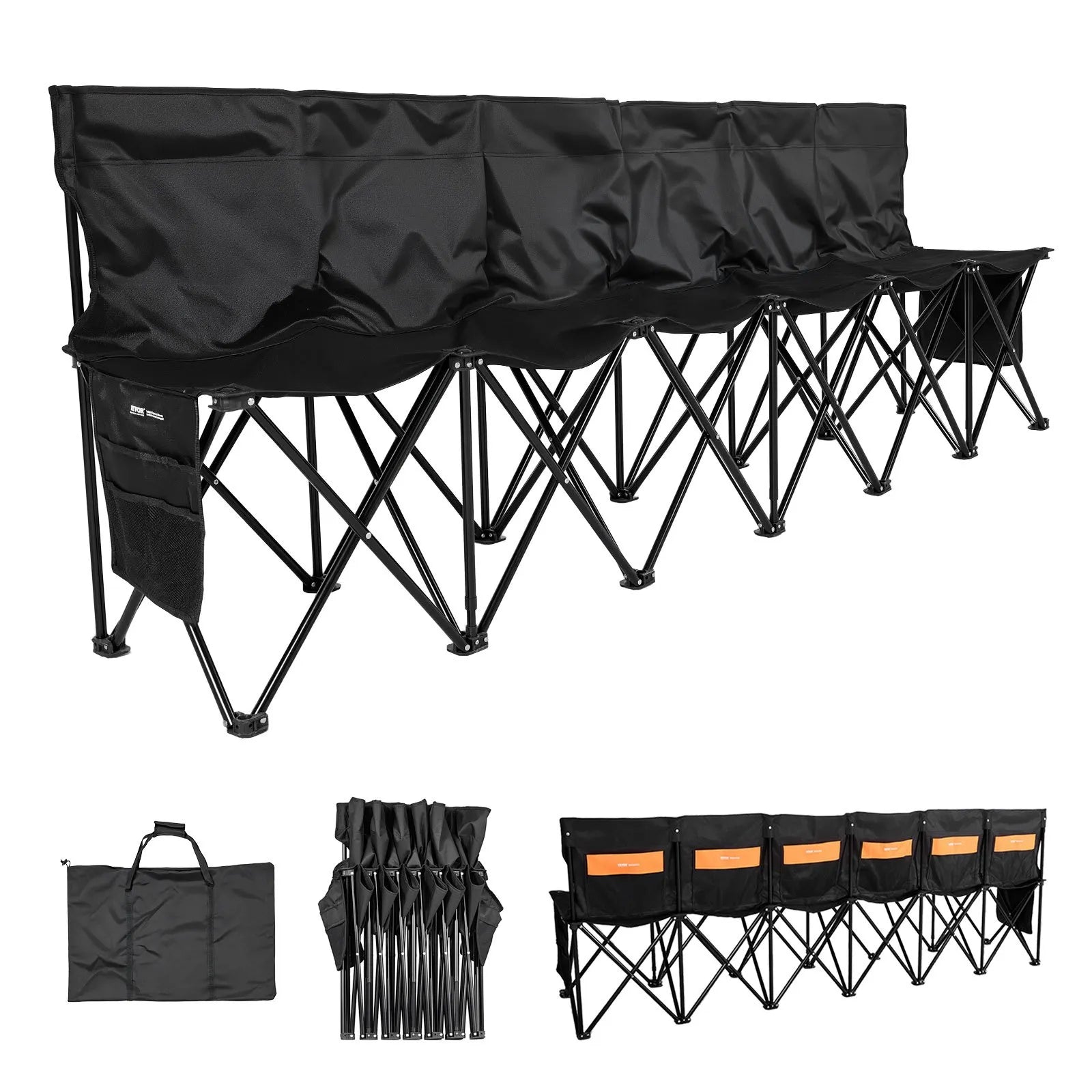 VEVOR Portable Folding Bench, 6 Seat Soccer Bench with Multiple Storage Pockets & Carrying Bag, Lightweight Sideline Seating with Back Rest for Football, Baseball, Camping, Outdoor Events, Black 